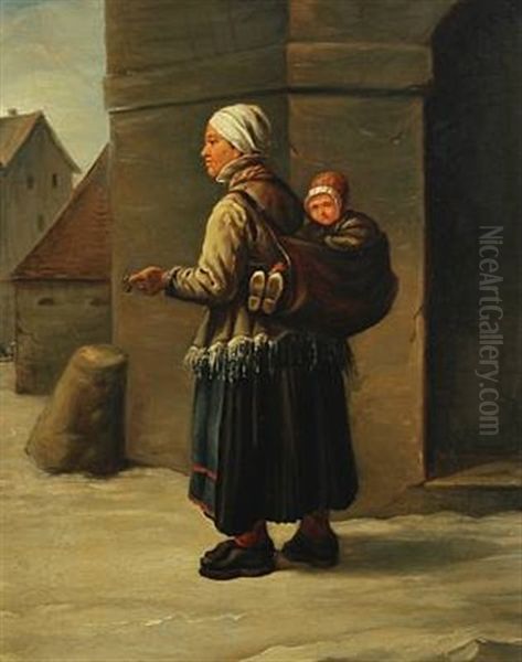 Mother Carrying Her Baby On Her Back Oil Painting by Adolph Ulric Schuetzercrantz