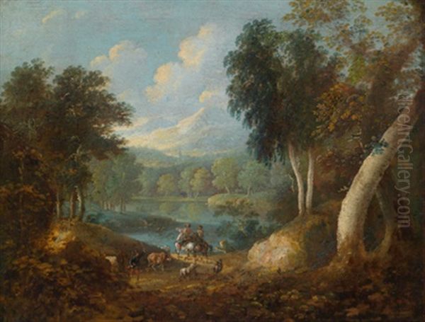 Gebirgige Flusslandschaft Mit Einer Jagdgesellschaft Oil Painting by Franz Schuez