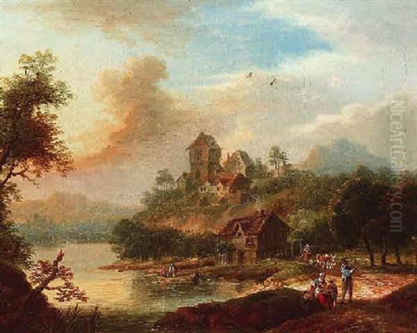 Fluslandschaft Mit Fischern Im Boot Und Bauern Am Ufer Oil Painting by Franz Schuez