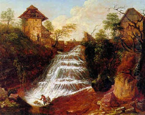 Wasserfall In Felslandschaft Oil Painting by Franz Schuez