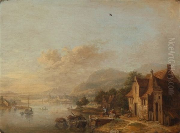 A Fishing Village On A Riverbank Oil Painting by Johann Georg Schuez