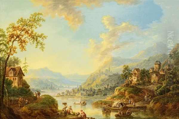 Weite Flusslandschaft Im Abendlicht Oil Painting by Johann Georg Schuez