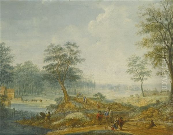 An Extensive Landscape With A River And Travellers On A Sandy Path Oil Painting by Johann Georg Schuez