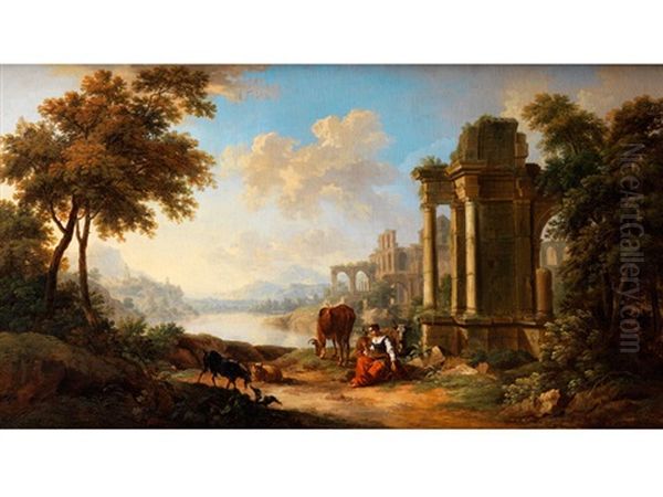 Sudliche Ideallandschaft Mit Antiken Ruinen Und Einer Viehhirtin Oil Painting by Johann Georg Schuez