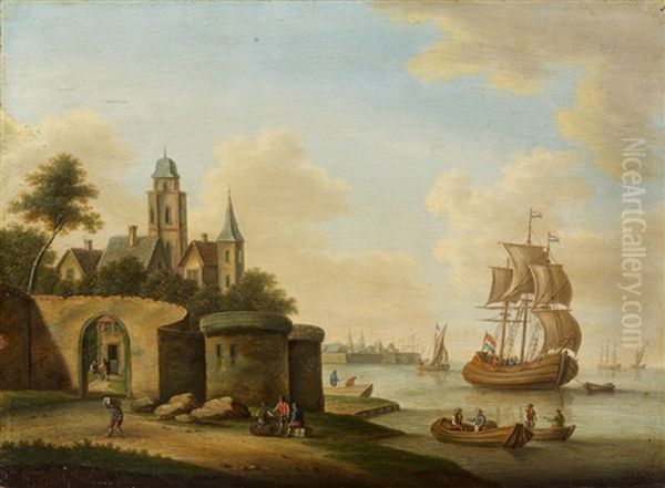 Seestuck Mit Einer Kogge Unter Segeln, Hollandisch Beflaggt Oil Painting by Johann Georg Schuez