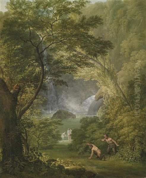 Zwei Satyrn Badende Nymphen Belauschend Oil Painting by Johann Georg Schuez