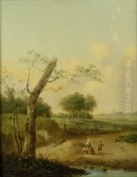 Flachlandschaft Mit Einer Bauerin Und Ihrem Sohn Am Flus, Im Hintergrund Ein Jager by Johann Georg Schuez