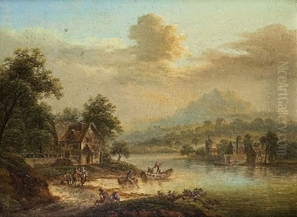 Flusslandschaft Mit Fischerbooten Oil Painting by Johann Georg Schuez