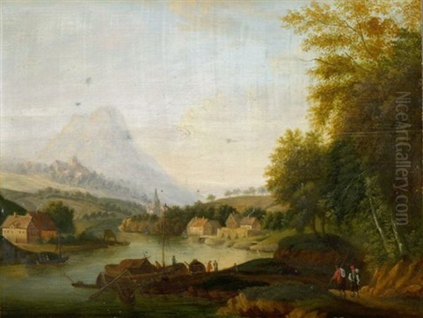 Stadtchen Am Rhein Oil Painting by Johann Georg Schuez