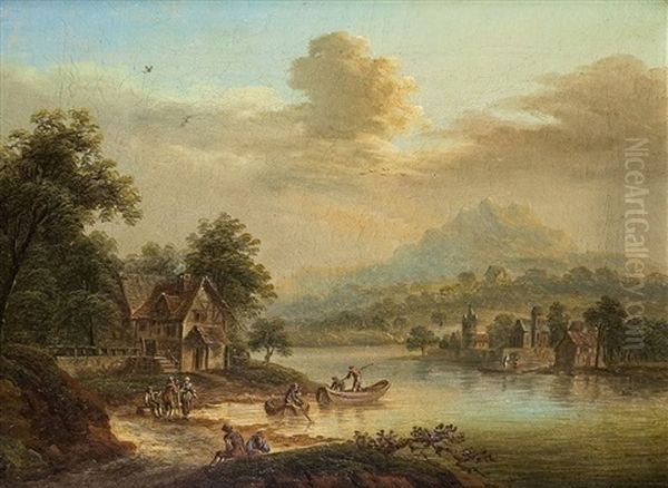 Flusslandschaft Mit Fischerbooten Oil Painting by Johann Georg Schuez