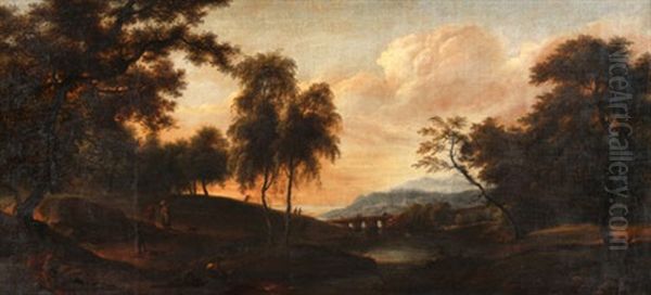 Abendliche Landschaft Mit Brucke Und Figurenstaffage Oil Painting by Johann Georg Schuez