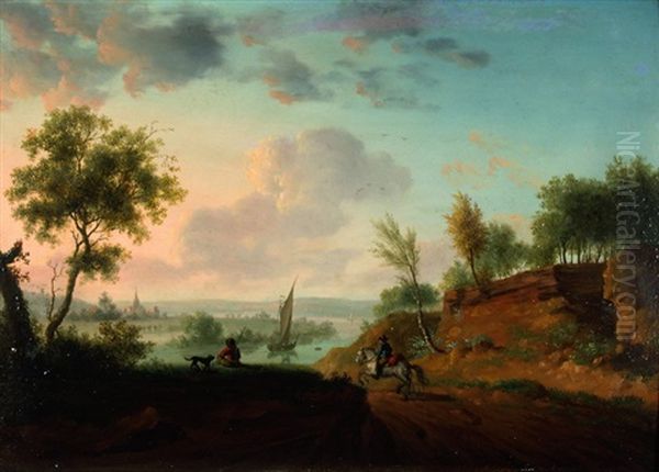 Flusslandschaft Mit Schimmelreiter Oil Painting by Johann Georg Schuez