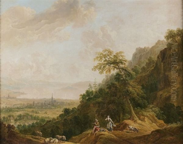 Berger Jouant Du Flageolet Dans Un Paysage Montagneux Oil Painting by Johann Georg Schuez