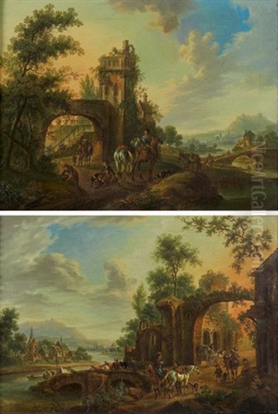 Cavaliers Et Paysans A La Porte D'une Ville (+ Au Bord D'une Riviere; Pair) Oil Painting by Johann Georg Schuez