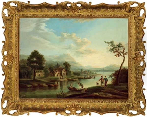 Flusslandschaft Mit Booten Und Figuren Oil Painting by Johann Georg Schuez