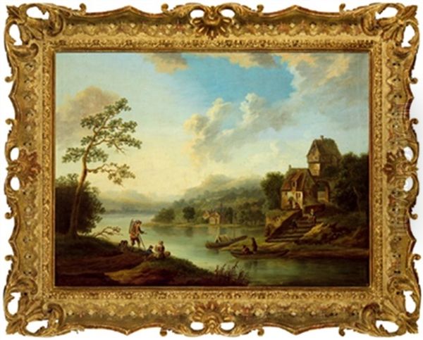 Flusslandschaft Mit Booten Und Figuren Oil Painting by Johann Georg Schuez