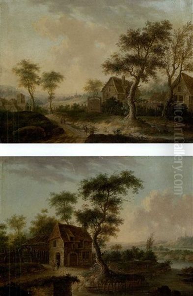 Dorflandschaft Mit Personenstaffage (+ Another, Similar; 2 Works) Oil Painting by Johann Georg Schuez