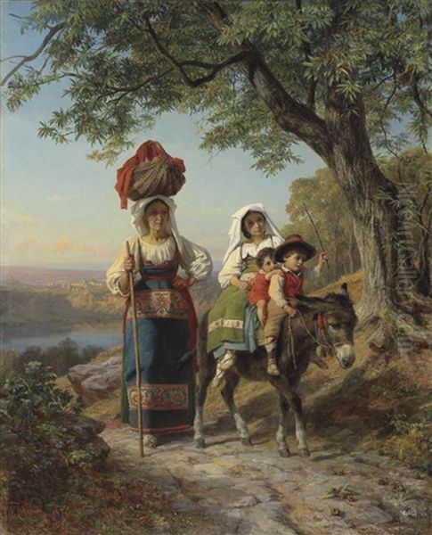 Travellers In The Roman Campagna, Lake Nemi Beyond Oil Painting by Theodor Christoph Schuez