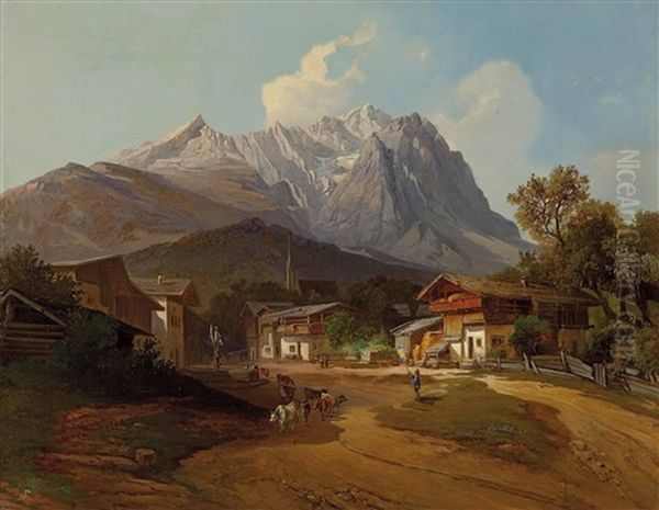 Dorfidylle Von Partenkirchen Mit Viehhirte, Blick Auf Die Zugspitze Oil Painting by Theodor Christoph Schuez