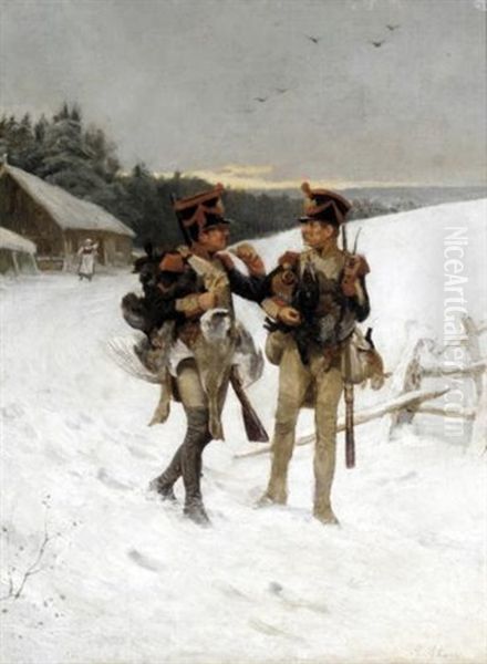 Two Officers With Game Oil Painting by Alexander Johann Gotlieb Petrovitch Schwabe