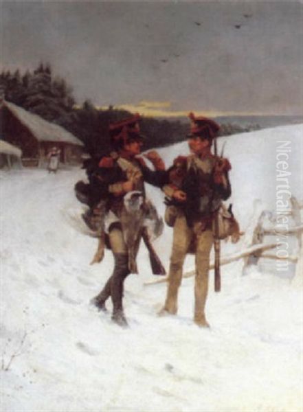 Two Officers With Game Oil Painting by Alexander Johann Gotlieb Petrovitch Schwabe