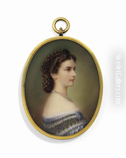 Elizabeth Sisi (1837-1898), Empress Of Austria And Queen Of Hungary, In Lilac Dress With Black Lace Border, Pearl Necklace Oil Painting by Richard Schwager