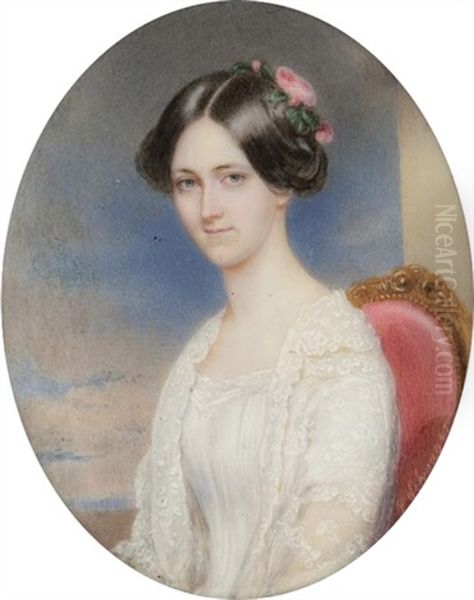 Portrait De Caroline De Wasa, Princesse De Suede, Reine De Saxe En Robe Blanche Et Etole En Dentelle, Les Cheveux En Chignon Orne De Roses, Assise De Trois-quart Sur Un Fauteuil Oil Painting by Richard Schwager