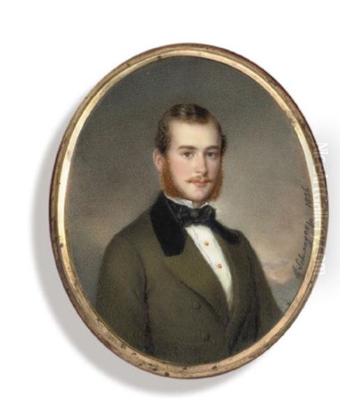 A Young Gentleman, In Moss-green Coat With Black Velvet Collar Oil Painting by Richard Schwager