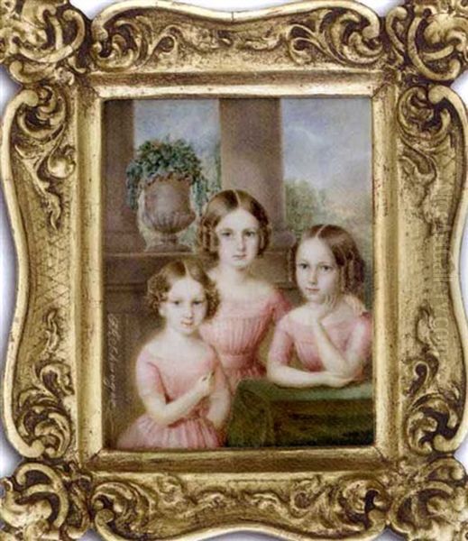 Three Sisters Gathered Around A Table Draped With Green Cloth; Each In Pink Dresses, Their Centre-parted Brown Hair Dressed In Ringlets; Urn With Foliage, Pillar And Sky Background Beyond Oil Painting by Richard Schwager