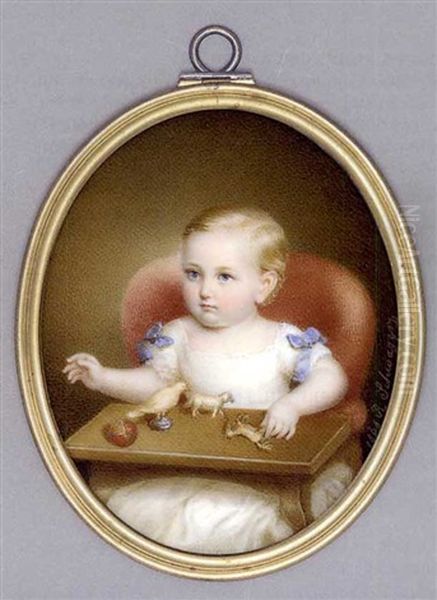 Count Maldeghem As A Child, Seated In A High Backed Red Chair With A Red Ball, A Bird And Toy Horses On A Wooden Tray Before Him, In White Dress With Blue Bows At Shoulders, Short Fair Hair Oil Painting by Richard Schwager