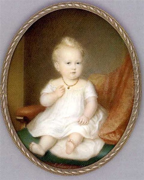 A Child Seated On A Green Cushion In A Red Upholstered Chair Draped With Red Stole, In White Dress, Coral And Gold Necklace, Short Curling Fair Hair, Pillar Background Oil Painting by Richard Schwager