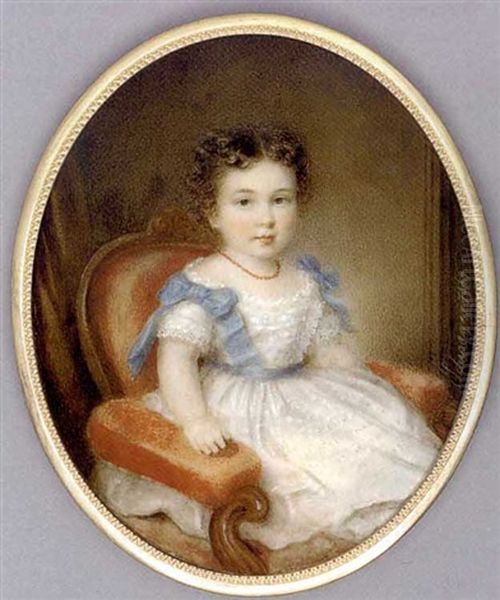 A Child, Theodor, Aged Two, Seated In A Red Upholstered Wooden Chair, In White Dress With Lace-trimmed Bodice And Sleeves, Blue Sash And Bows At Shoulders, Coral Necklace, Curling Brown Hair Oil Painting by Richard Schwager