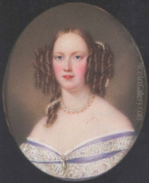 A Lady Wearing Decollete Mauve Dress With White Lace Bands And White Underslip, Drop Pearl Pendant, Pearl Necklace And Strand Of Pearls Entwined In Ringlets Oil Painting by Richard Schwager