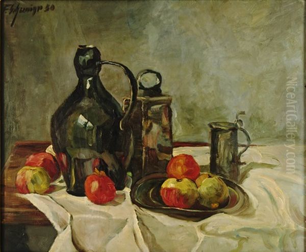 Stilleben Mit Krug, Zinngefasen Und Apfeln Oil Painting by Fritz Schwaiger