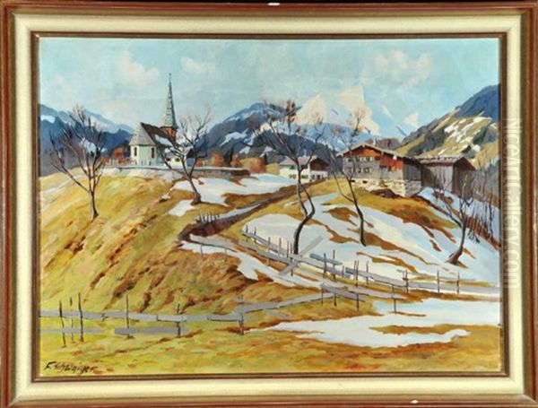 Dorf Im Fruhling Mit Altschnee Vor Schneebedeckten Bergen Oil Painting by Fritz Schwaiger