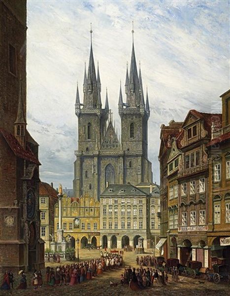 In Der Altstadt Von Prag. Prozession Auf Auf Dem Altstadter Ring Vor Der Theynkirche Oil Painting by H. Schwan