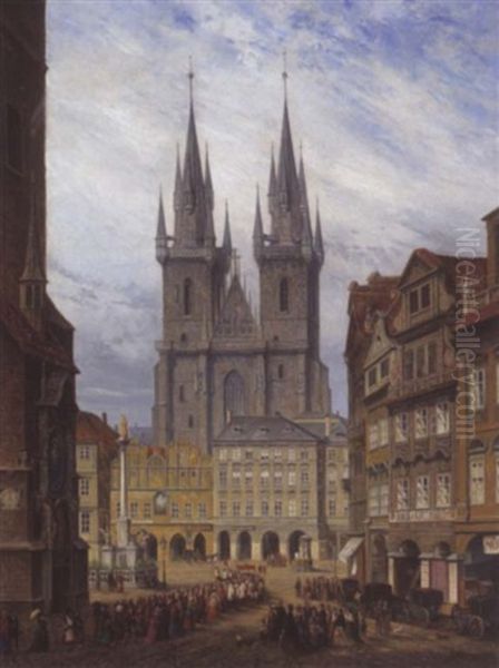 Der Altstatter Ring Und Die Teynkirche In Prag Oil Painting by H. Schwan