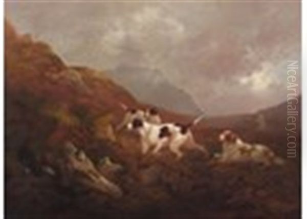 Pointers And Spaniel In A Moorland Landscape Oil Painting by Charles Henry Schwanfelder