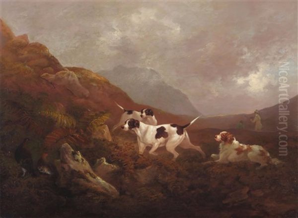 Pointers And Spaniel In A Moorland Landscape Oil Painting by Charles Henry Schwanfelder