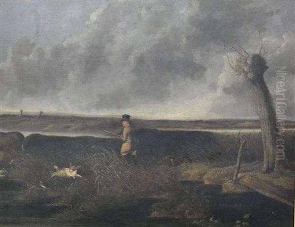 A Gentleman Out Duck Shooting With His Two Spaniels Oil Painting by Charles Henry Schwanfelder