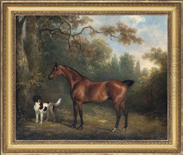 A Bay Horse And A Spaniel In A Wooded Landscape Oil Painting by Charles Henry Schwanfelder