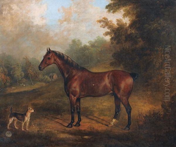 Englisches Vollblut In Parklandschaft Mit Einem Hund Oil Painting by Charles Henry Schwanfelder