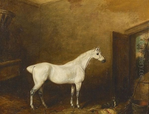 A White Hack With Dog In A Stable Oil Painting by Charles Henry Schwanfelder