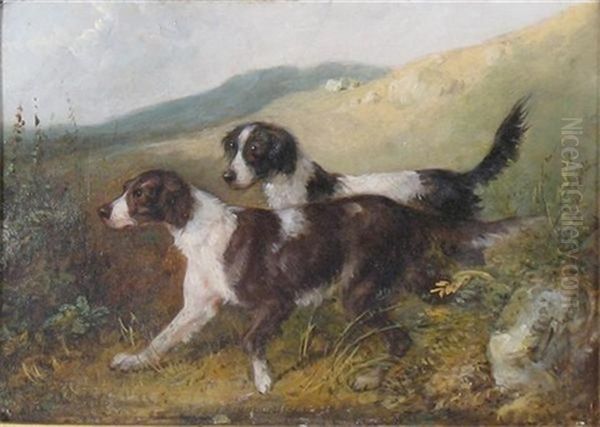 Two Spaniels In A Landscape Oil Painting by Charles Henry Schwanfelder