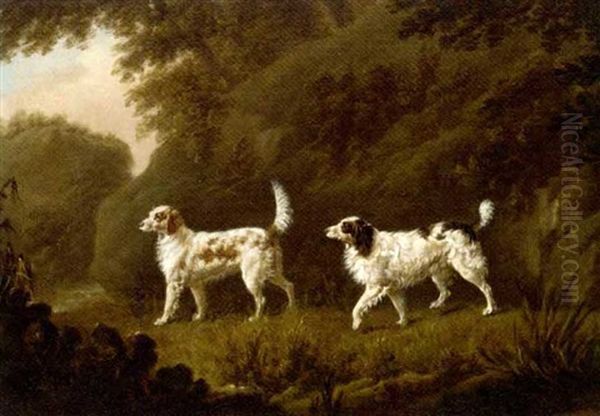 English Setters In A Wooded Landscape Oil Painting by Charles Henry Schwanfelder