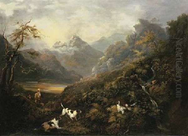 Grouse Shooting In A Highland Landscape Oil Painting by Charles Henry Schwanfelder