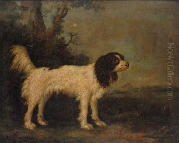 A Liver And White King Charles Spaniel In A Landscape Oil Painting by Charles Henry Schwanfelder