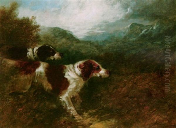 Spaniels In A Landscape Oil Painting by Charles Henry Schwanfelder