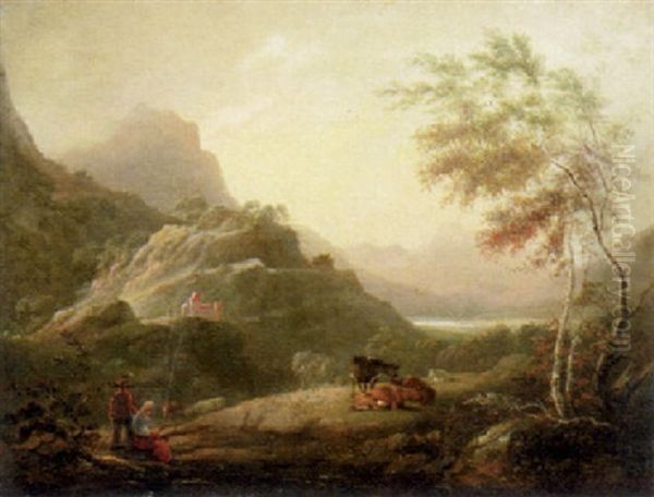 Figures And Cattle In A Hilly Landscape Oil Painting by Charles Henry Schwanfelder