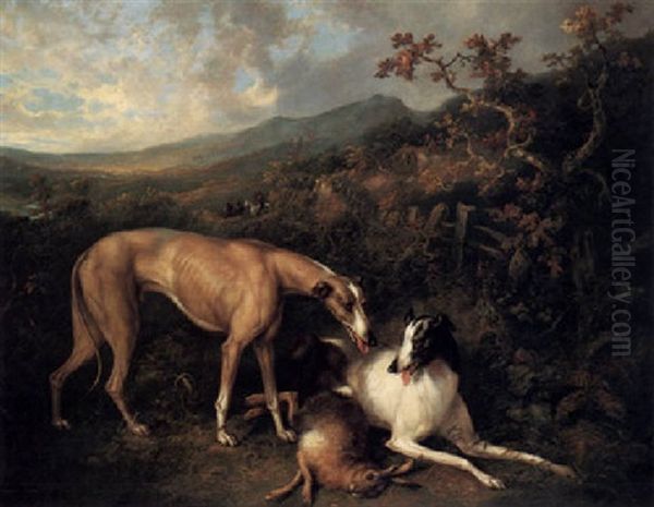 Two Greyhounds In A Landscape With Their Prey Oil Painting by Charles Henry Schwanfelder